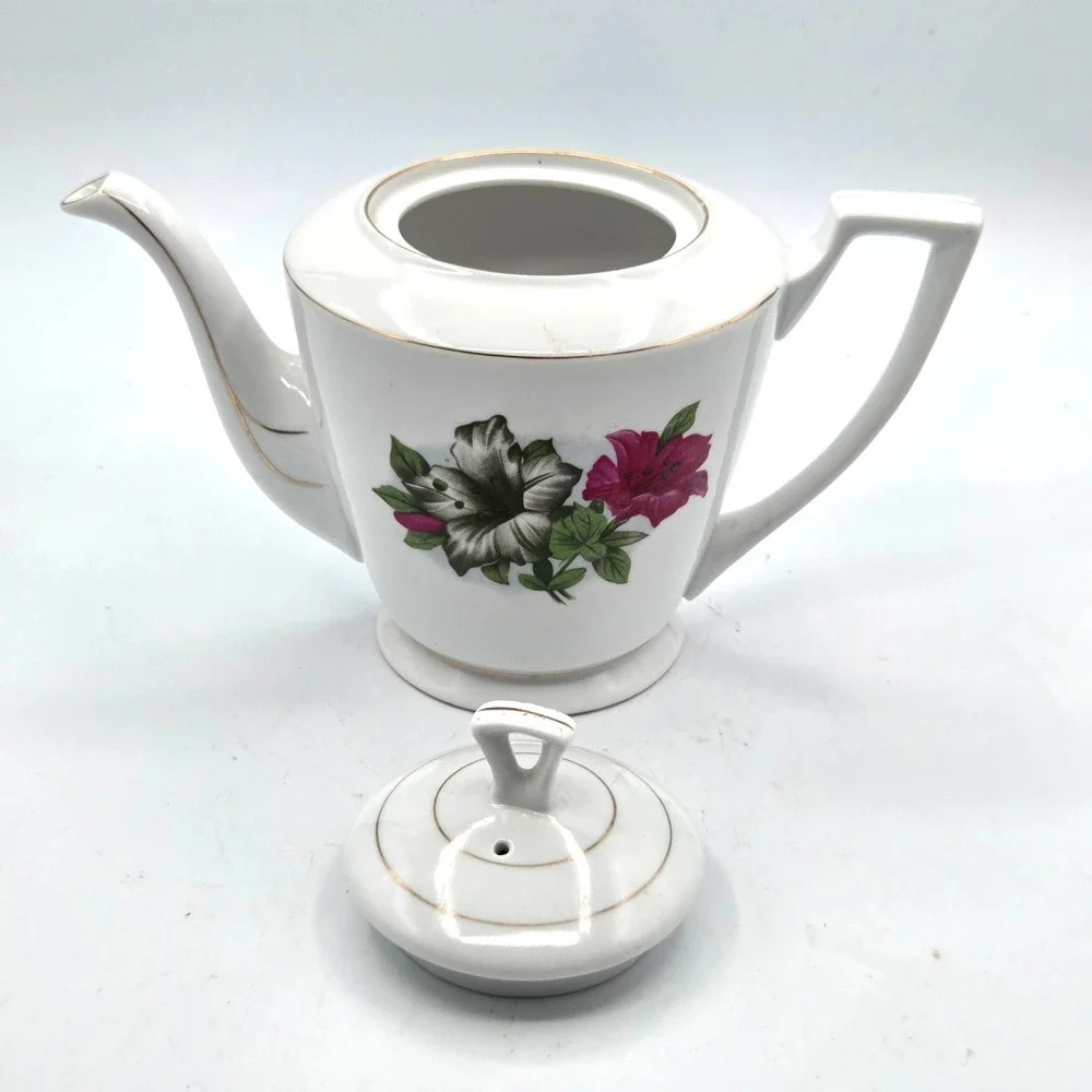 VINTAGE Porcelain Teapot Hibiscus Flowers Delicate Gold Trim